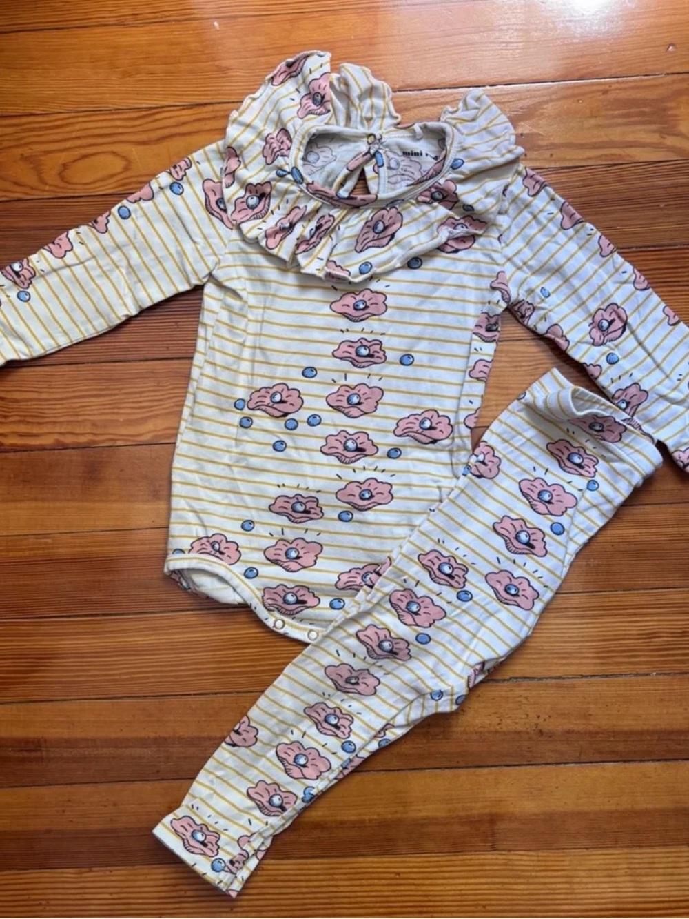 Mini Rodini Cream & Yellow Striped Oyster Print Ruffle Set